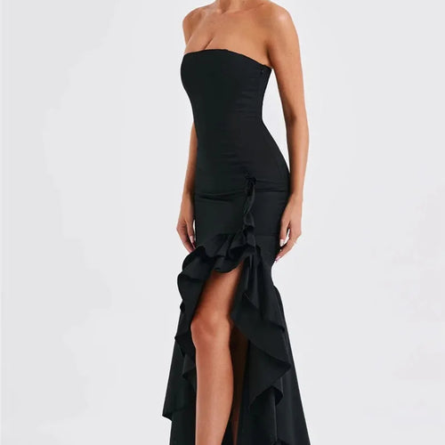 Load image into Gallery viewer, Strapless High Split Ruffle Long Dress For Women Fashion Off-shoulder Backless Sleeveless Bodycon Club Party Sexy Dress
