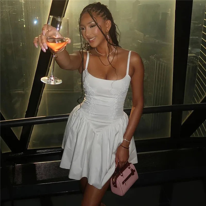 Backless Lace-up A-line Sexy Mini Dress For Women Fashion Spaghetti Strap Sleeveless Loose Club Party Dress Elegant