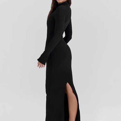 Load image into Gallery viewer, Black Long Sleeve Sexy Maxi Dress For Women Autumn Winter New O Neck Two Pocket Back Split Bodycon Long Dress Elegant
