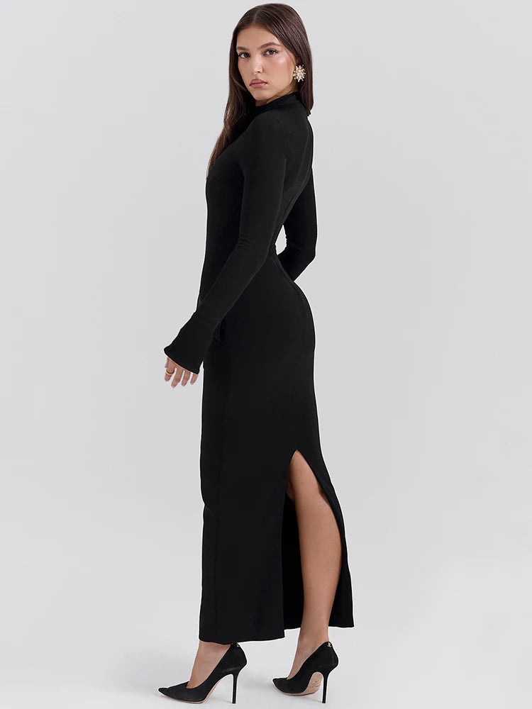 Black Long Sleeve Sexy Maxi Dress For Women Autumn Winter New O Neck Two Pocket Back Split Bodycon Long Dress Elegant