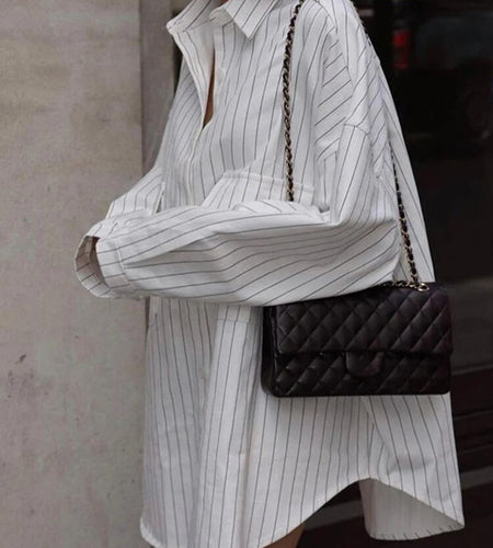 Striped Spliced Pockets Casual Loose Shirts For Women Lapel Long Sleeve Minimalist Blouses Female Fashion Clothes