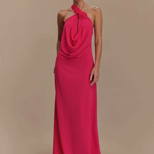 Load image into Gallery viewer, Rose Halter Off-shoulder Sexy Maxi Dress Women Rose Red Sleeveless Backless Lace-up High Waist Club Party Long Dress
