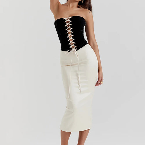 Load image into Gallery viewer, Elegant Sexy Skirt Two Piece Set Women Strapless Bandage Crop Top And Maxi Skirt Female Fashion Club Party Sexy Sets
