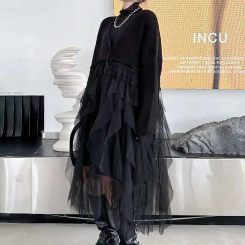 Load image into Gallery viewer, Women Black Big Size Knitting Mesh Irregular Sweater Dress New V-Neck Long Sleeve Fashion Spring Autumn 2025 1DH2366
