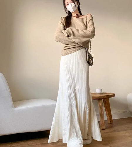 Korean Fashion Vintage Women Solid Elegant High Waist Party Long Skirt 2024 Autumn Winter Wrap Hip Knitted Fishtail Skirt Street