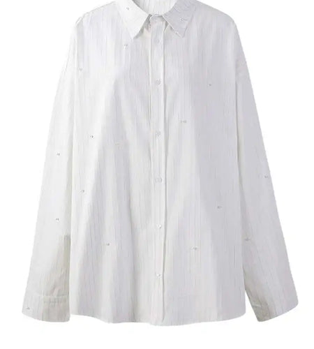 Women White Striped Pearl Big Size Elegant Blouse New Lapel Long Sleeve Shirt Fashion Tide Spring Autumn 2025 CPG2906
