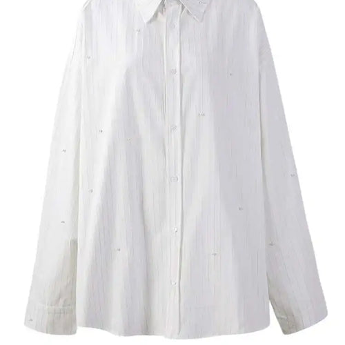 Load image into Gallery viewer, Women White Striped Pearl Big Size Elegant Blouse New Lapel Long Sleeve Shirt Fashion Tide Spring Autumn 2025 CPG2906
