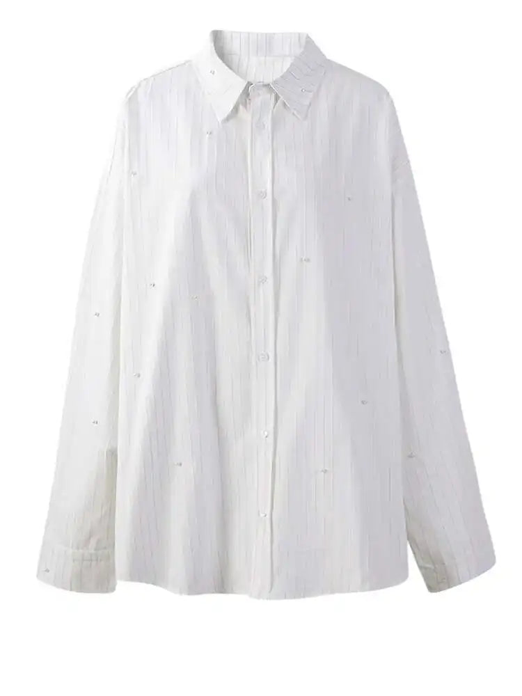 Women White Striped Pearl Big Size Elegant Blouse New Lapel Long Sleeve Shirt Fashion Tide Spring Autumn 2025 CPG2906