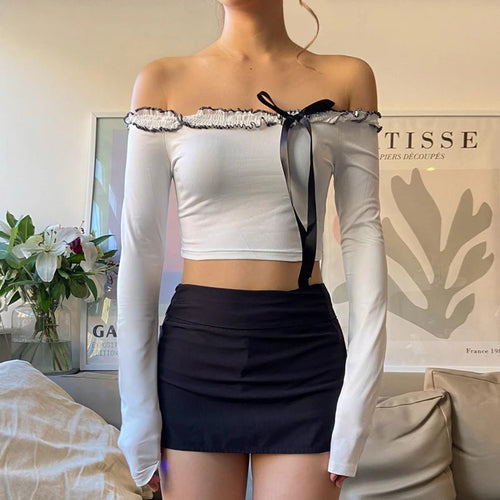Load image into Gallery viewer, Fashion Chic Bow Skinny Crop Tops Off Shoulder Ruched Streetwear Bow Frills Party Women&#39;s T-shirts Spring Korean Cute
