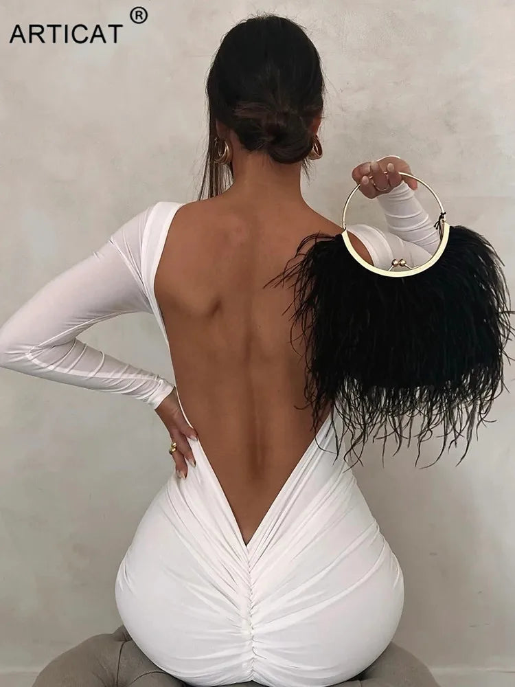 Sexy Backless Ruched Maxi Dress Women White Long Sleeve Evening Dresses Female Autumn Skinny Elegant Party Clubwear 2022