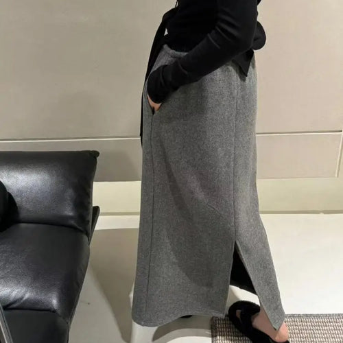 Load image into Gallery viewer, Korean Style Woman Black Elegant High Waisted Straight Woolen Skirts Autumn Winter Casual Simple Grey Drawstring Lace-up Skirt
