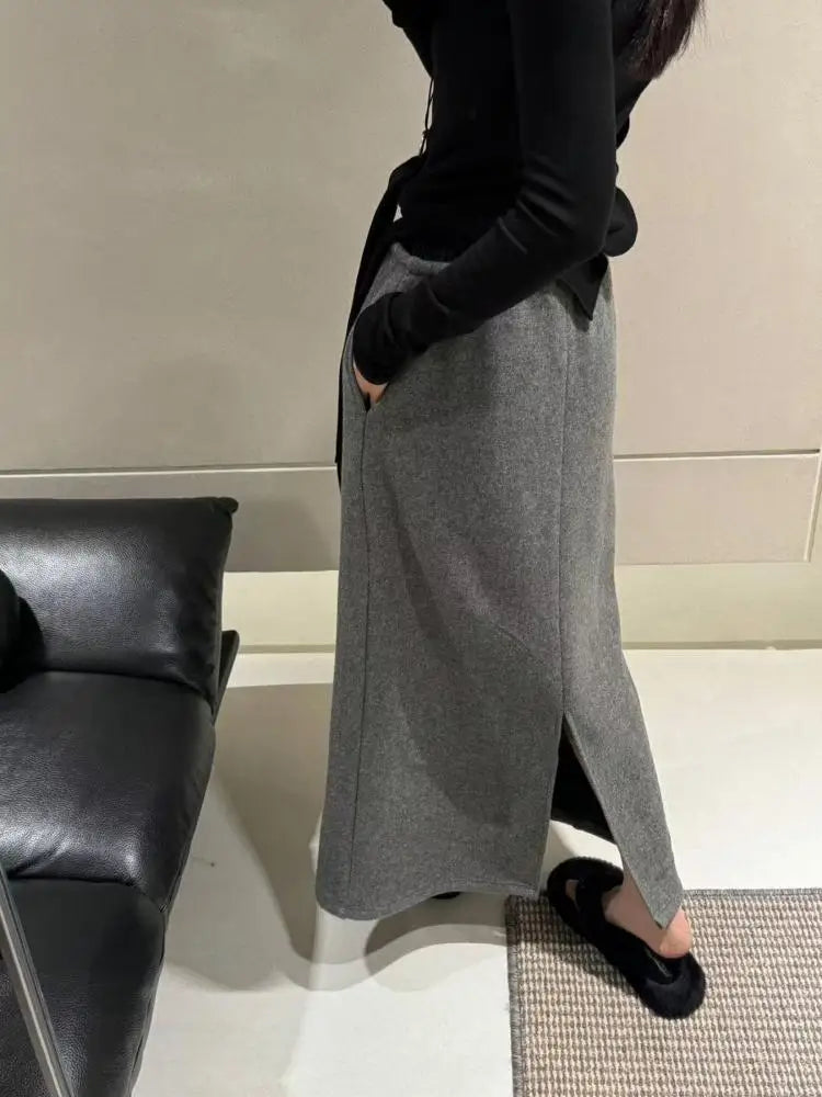 Korean Style Woman Black Elegant High Waisted Straight Woolen Skirts Autumn Winter Casual Simple Grey Drawstring Lace-up Skirt