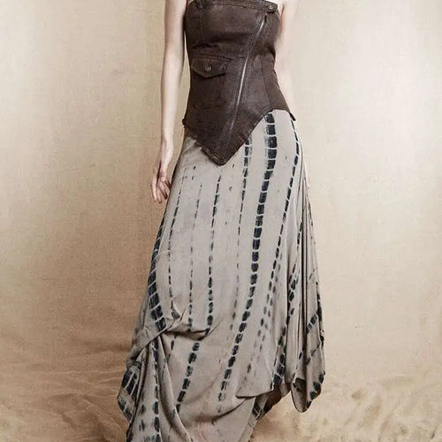 Load image into Gallery viewer, Women Brown Irregular Spliced Tie Dye Vintage Long Strapless Dress New Sleeveless Fashion Tide Spring Autumn 2025 1DH9375
