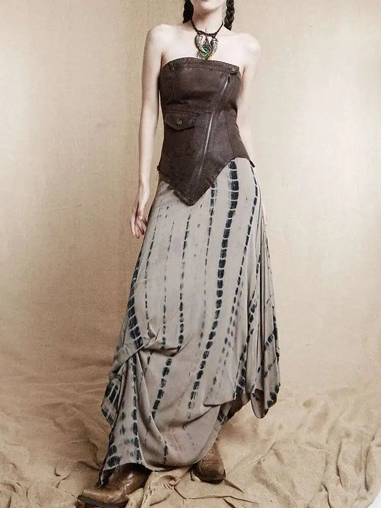 Women Brown Irregular Spliced Tie Dye Vintage Long Strapless Dress New Sleeveless Fashion Tide Spring Autumn 2025 1DH9375