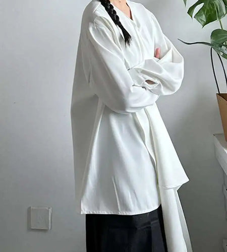 Women White Irregular Plain Color Big Size Blouse New Scarf Collar Long Sleeve Shirt Fashion Spring Autumn 2025 1DJ0507