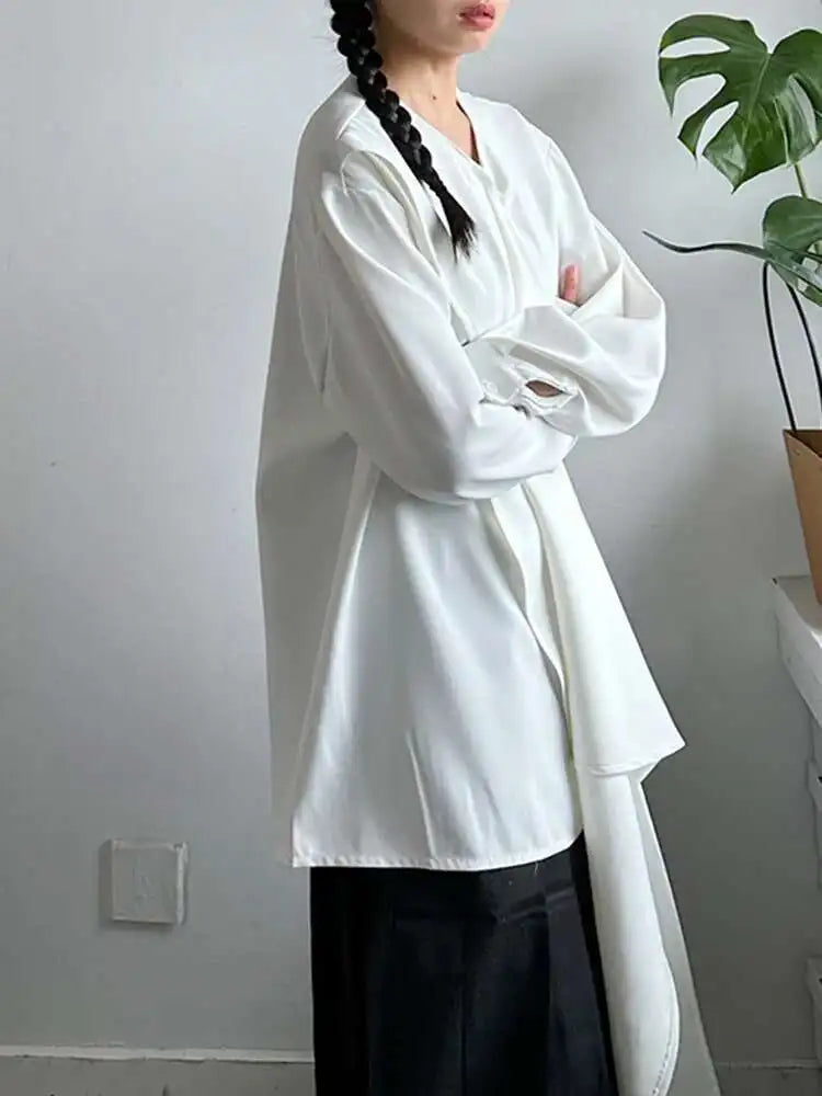 Women White Irregular Plain Color Big Size Blouse New Scarf Collar Long Sleeve Shirt Fashion Spring Autumn 2025 1DJ0507