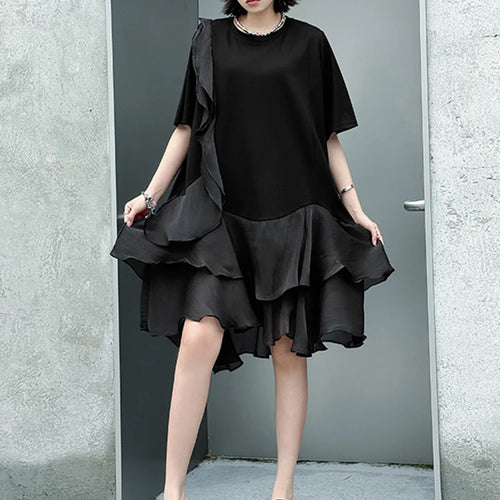 Load image into Gallery viewer, Women Black Ruffles Irregular Big Size Mini Dress New Round Neck Short Sleeve Fashion Tide Spring Summer 2025 1DJ1365

