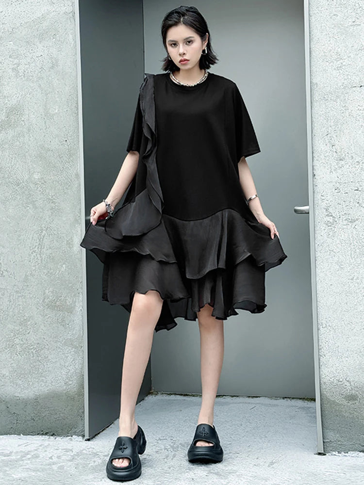 Women Black Ruffles Irregular Big Size Mini Dress New Round Neck Short Sleeve Fashion Tide Spring Summer 2025 1DJ1365