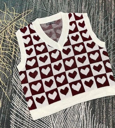 Classic Heart Plaid Knitted Sweater Vest Women 9 Colors Crop Loose Waistcoat Y2k Harajuku Autumn Hip Hop Knitwear Tops