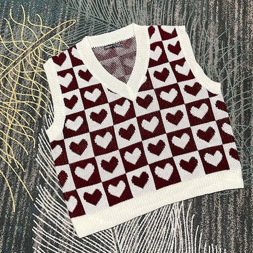 Load image into Gallery viewer, Classic Heart Plaid Knitted Sweater Vest Women 9 Colors Crop Loose Waistcoat Y2k Harajuku Autumn Hip Hop Knitwear Tops
