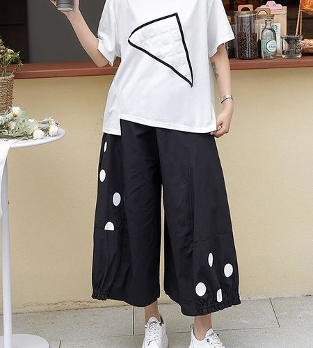 High Elastic Waist Black Dot Printed Calf-Length Wide Leg Pants New Trousers Women Fashion Tide Spring Autumn 2025 1DJ0943