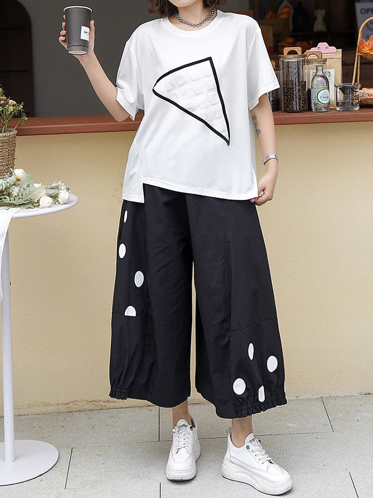High Elastic Waist Black Dot Printed Calf-Length Wide Leg Pants New Trousers Women Fashion Tide Spring Autumn 2025 1DJ0943