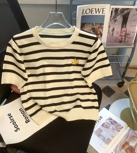 Vintage Black Beige Stripe Knitted T-shirt Women's Spring Summer Fashion Elegant Holiday O- Neck Short Sleeve Slim Top Versatile