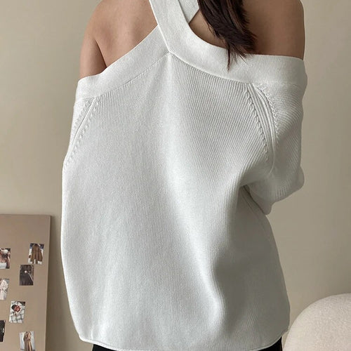 Load image into Gallery viewer, Solid Loose Knitting Sweaters For Women Halter Long Sleeves Cold Shoulder Temperament Sweater Female Fashion
