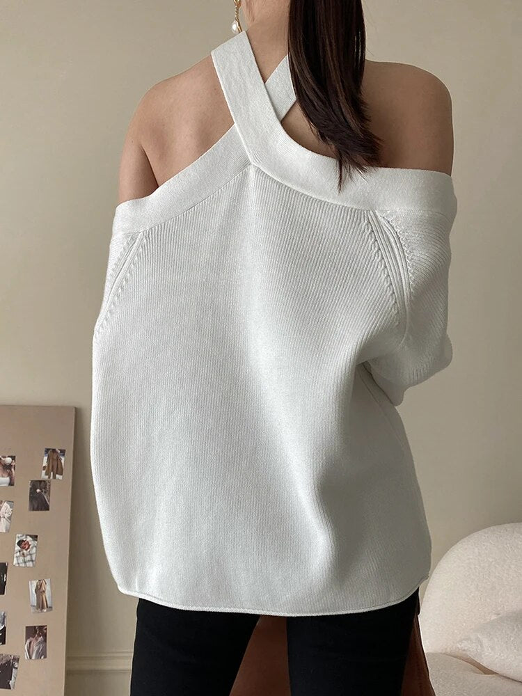 Solid Loose Knitting Sweaters For Women Halter Long Sleeves Cold Shoulder Temperament Sweater Female Fashion