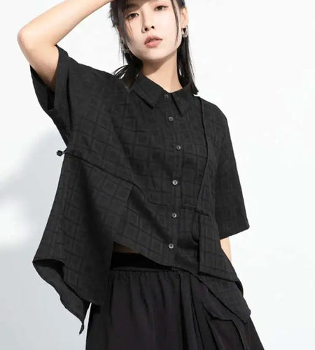 Women Black Plaid Drawstring Big Size Blouse New Lapel Short Sleeve Shirt Fashion Tide Spring Summer  2025 1DH6088