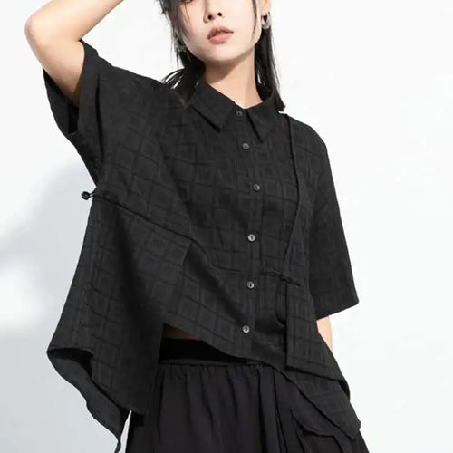 Load image into Gallery viewer, Women Black Plaid Drawstring Big Size Blouse New Lapel Short Sleeve Shirt Fashion Tide Spring Summer  2025 1DH6088
