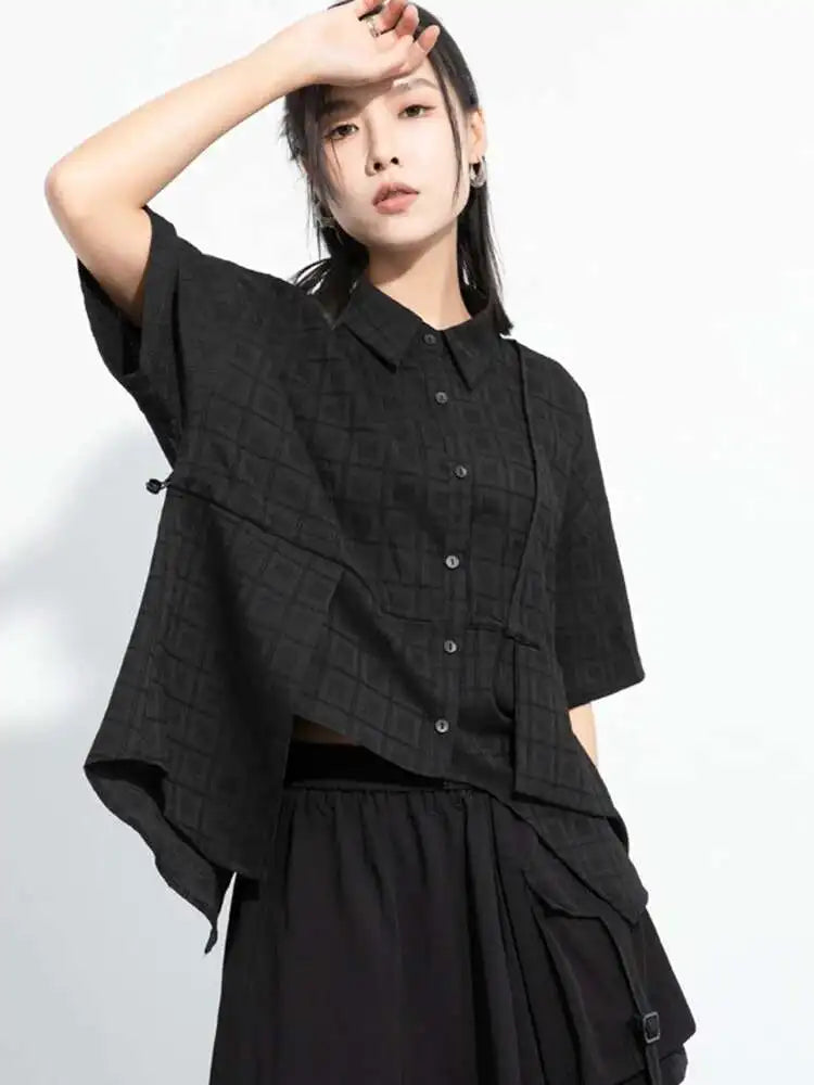 Women Black Plaid Drawstring Big Size Blouse New Lapel Short Sleeve Shirt Fashion Tide Spring Summer  2025 1DH6088