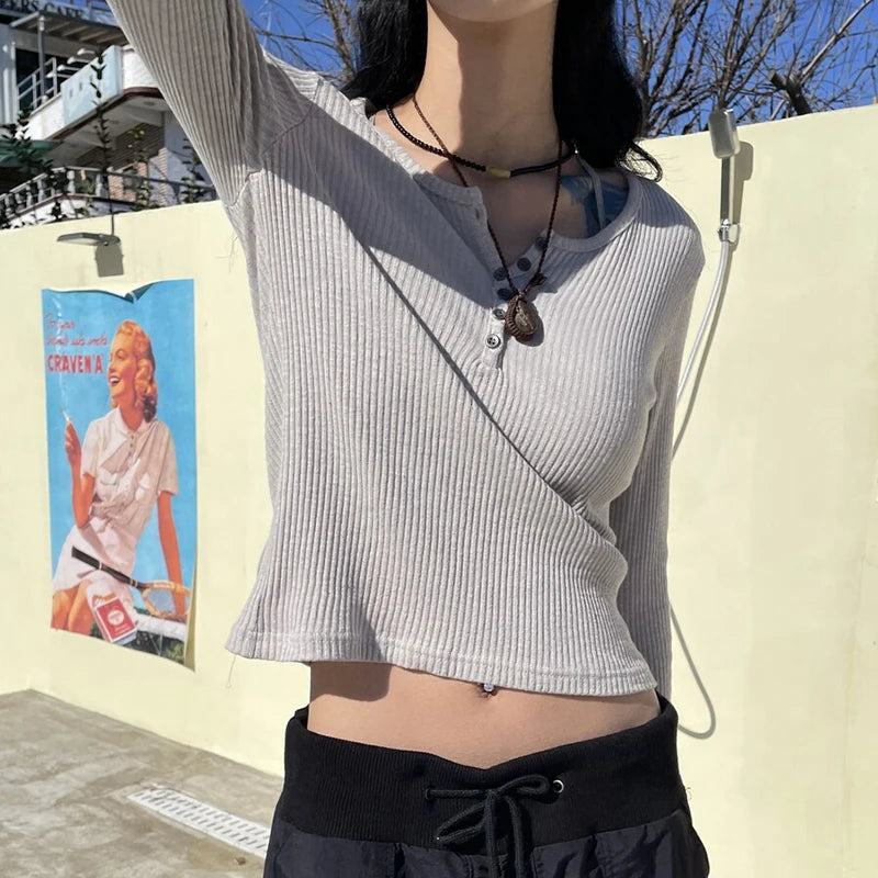 Korean Fashion Solid Buttons Autumn Tee Shirt Basic Casual Ribbed Knit Top Harajuku Women's T-shirt Long Sleeve Cloth