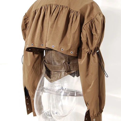 Load image into Gallery viewer, Coffee Pleated Belted Drawstring Leather Jacket New Lapel Long Sleeve Women Coat Fashion Tide Spring Autumn 2025 1DF5260
