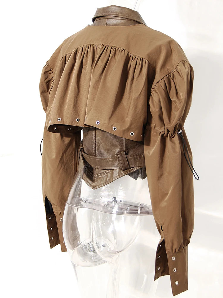 Coffee Pleated Belted Drawstring Leather Jacket New Lapel Long Sleeve Women Coat Fashion Tide Spring Autumn 2025 1DF5260