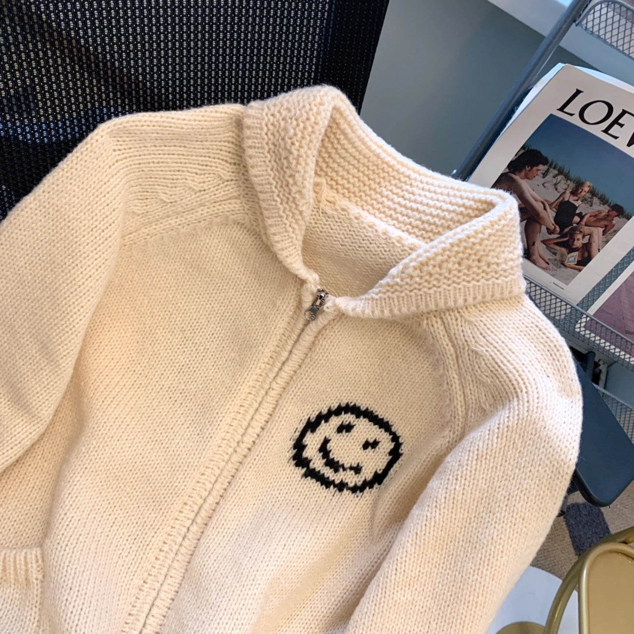 Korean Beige Smiling Face Patchwork Zipper Sweater Women's 2024 Autumn Winter New Long Sleeve Cardigan Knit Tops Fashion Popular