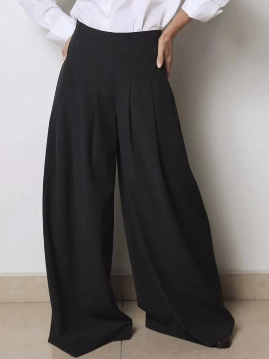 Solid Loose Spliced Folds Casual Pants for Women High Wasit Temperament Wide Leg Pant Female Fashion Clothing New