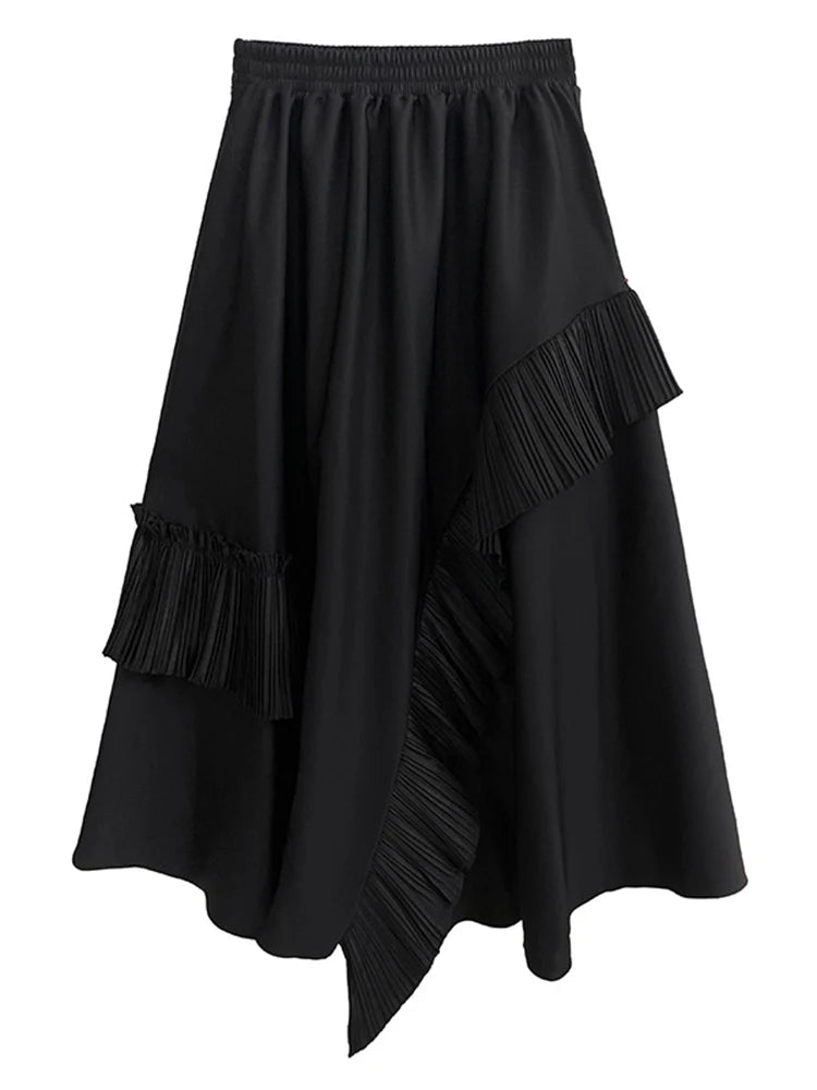 High Elastic Waist Black Irregular Pleated A-line Half-body Casual Skirt Women Fashion Tide New Spring Autumn 2025 1DH3690