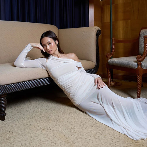 Load image into Gallery viewer, Oblique Shoulder Long Sleeve Sexy Maxi Dress For Women Fashion Mesh Backless Bodycon Ruched Club Evening Long Dress
