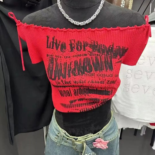 Load image into Gallery viewer, Black Letters Print Short Sleeved Knit T-shirt For Women's 2024 Summer New Red Slim Off Shoulder Lace-up Tops Trend Streetwear
