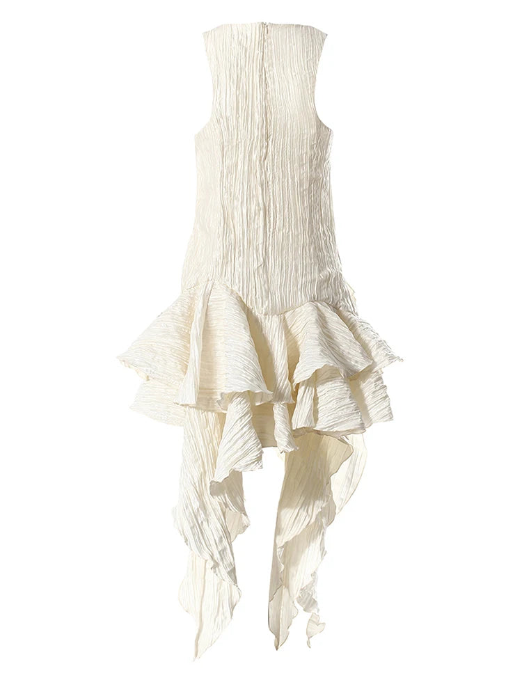 Women Silver Gray Textured Pleated Ruffles Vest Dress New Round Neck Sleeveless Fashion Tide Spring Summer 2025 7AB9278