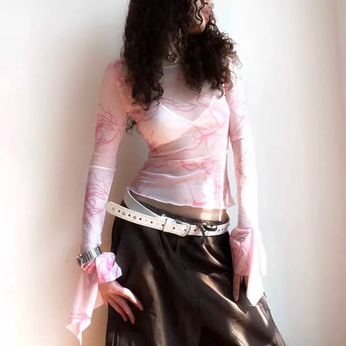 Load image into Gallery viewer, Y2k Aesthetics Mesh Tops Grunge Fairycore Flare Sleeve Crop Top Harajuku See Though T-shirt Korean Chic Designer Clothes

