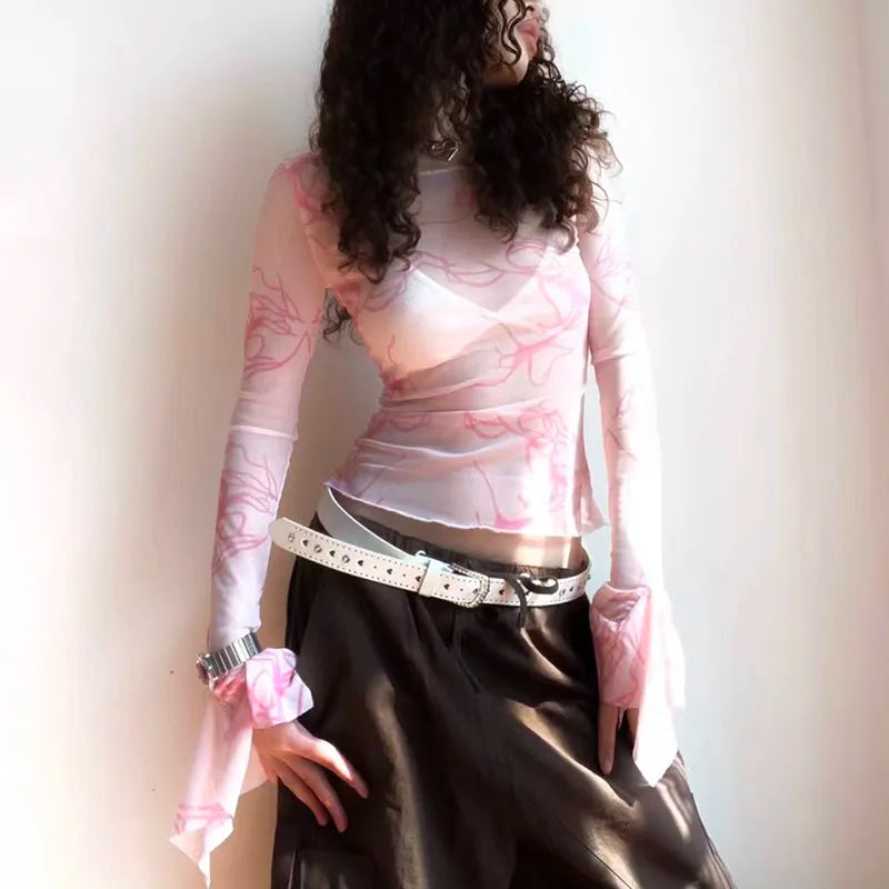 Y2k Aesthetics Mesh Tops Grunge Fairycore Flare Sleeve Crop Top Harajuku See Though T-shirt Korean Chic Designer Clothes