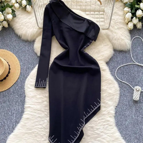 Load image into Gallery viewer, Korean Autumn Black Elegant Diagonal Collar Irregular Midi Dress Women Off Shoulder Long Sleeves Festival Sundress Fashion Trend
