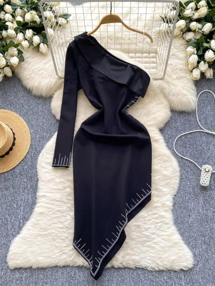 Korean Autumn Black Elegant Diagonal Collar Irregular Midi Dress Women Off Shoulder Long Sleeves Festival Sundress Fashion Trend