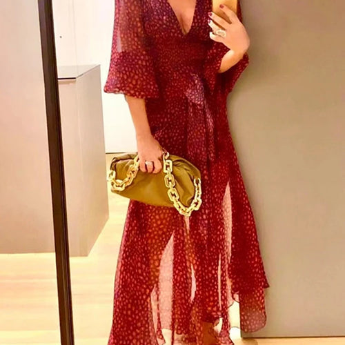 Load image into Gallery viewer, Vintage Purple Print Dress For Women V Neck Lantern Long Sleeve High Waist Ruched Slim Maxi Dresses Female 2022 Summer Style
