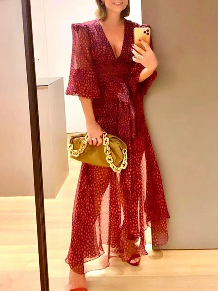 Vintage Purple Print Dress For Women V Neck Lantern Long Sleeve High Waist Ruched Slim Maxi Dresses Female 2022 Summer Style