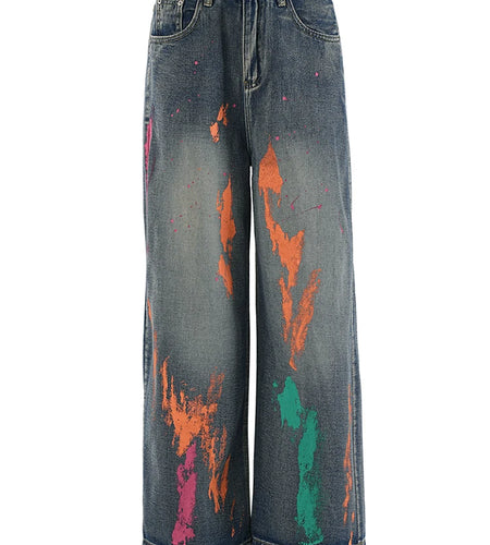 High Waist Blue Denim Painted Long Casual Wide Leg Jeans New Women Trousers Fashion Tide Spring Autumn 2025 CPG2279