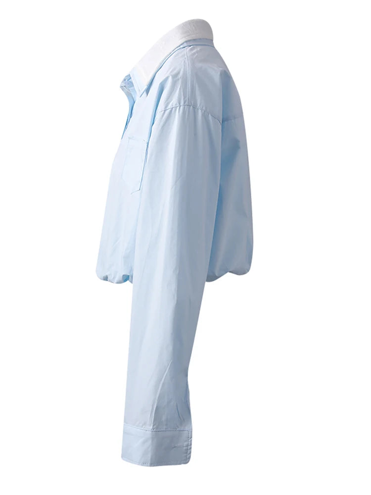 Women Blue Color-block Short Big Size Bud Blouse New Lapel Long Sleeve Shirt Fashion Tide Spring Autumn 2025  CPG3010