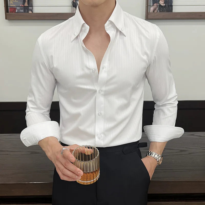 Men's New Long Sleeve Shirts Korean Design Turn-down Collar Casual Handsome Male Stripe Single Breasted Shirts 9W1568